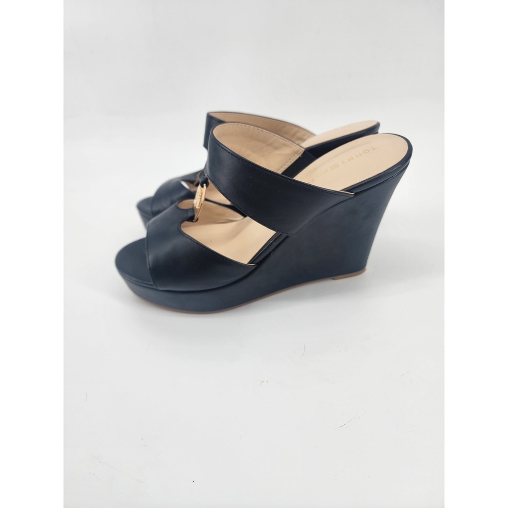 Tommy Hilfiger Womens Black Leather Wedge Platform Sandals Gold Logo Size 9M - Picture 5 of 8